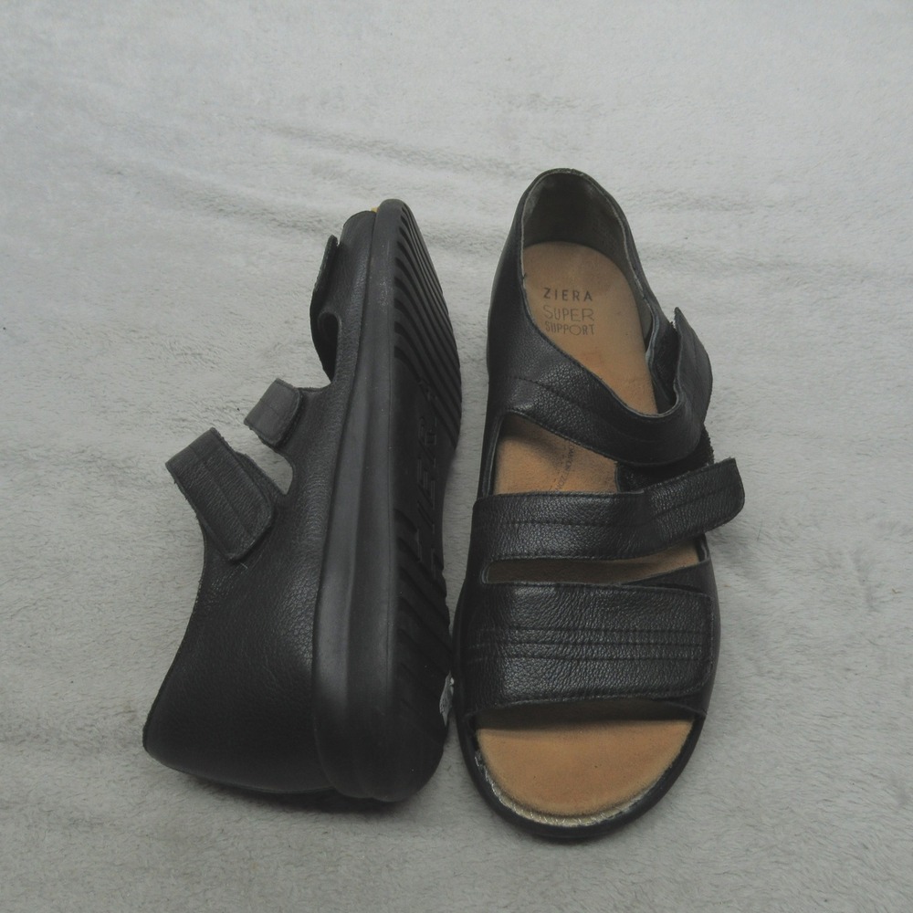 Ziera Women 10.5W Bardot Sandals Black Leather‎ Super Support Triple Strap EU41